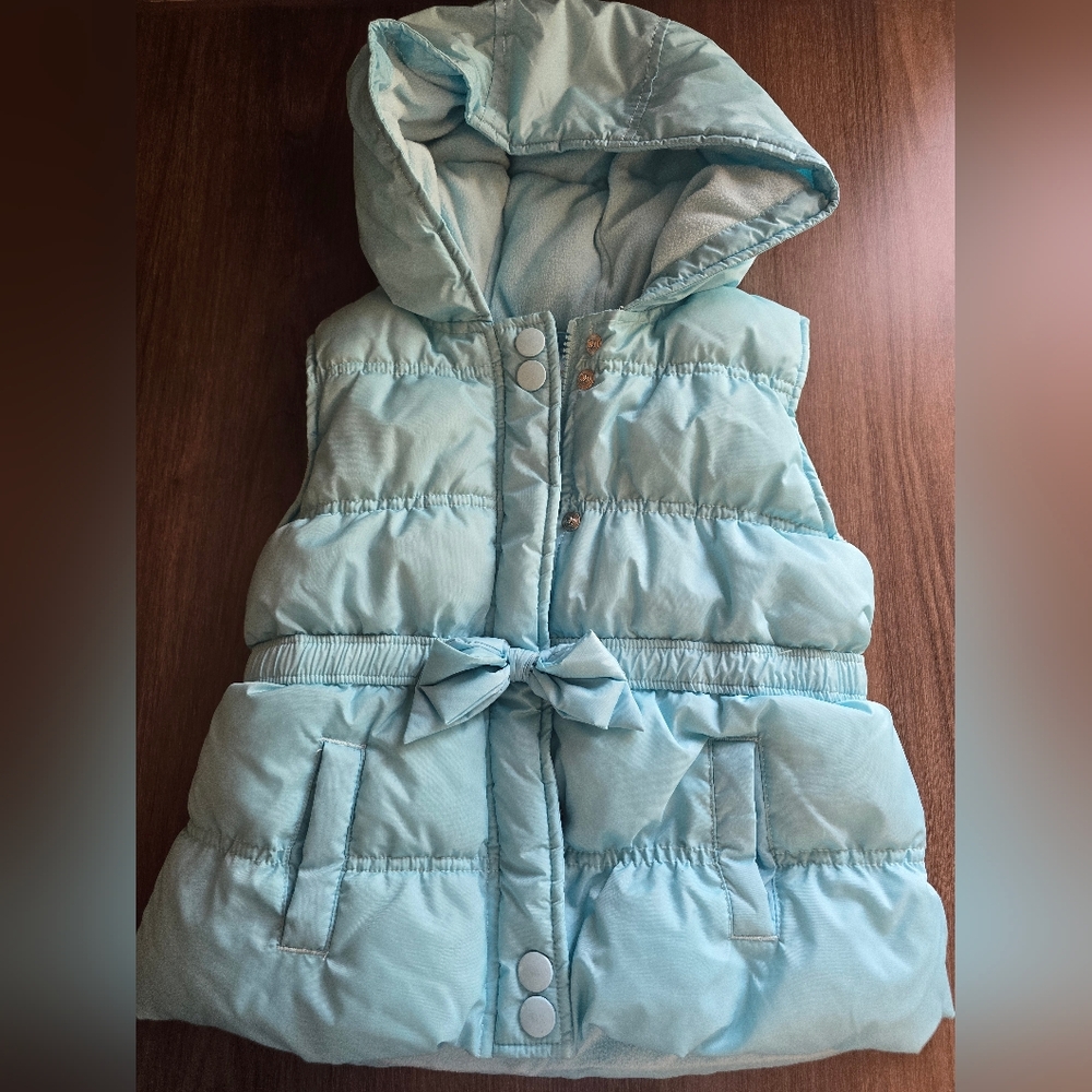 Gymboree Teal Puffer Hooded Vest With Bow Sinched Waist Clean Winter Wear - Picture 4 of 5